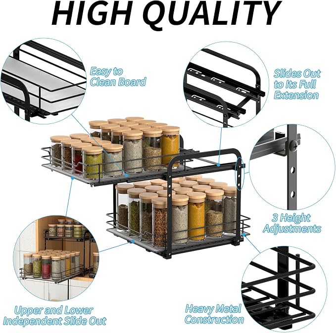 BOIVSHI 2-Tier Spice Rack, Pull Out Cabinet Organizer Spice Racks Height Adjustable Heavy Duty Metal Basket for Inside Cabinets & Pantry Closet(9.5''Wx10.5''Dx9.5''H) - Image 4