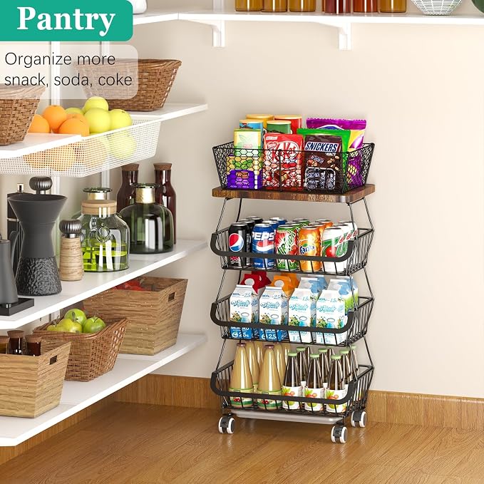 CHLORYARD Fruit Basket with Wooden Lid for Kitchen, 4-Tier Stackable Wire Fruit Vegetable Storage Basket Organizer Stand on Wheel, Produce Basket Potato Onion Storage Bins Rack Cart for Pantry - Image 4