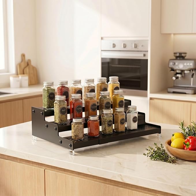 Expandable 3-Tier Spice Metal Shelf Rack, Black, 1 Pack | Kitchen Cabinet and Pantry Organizer, Seasoning Storage, Countertop Organization - Image 2
