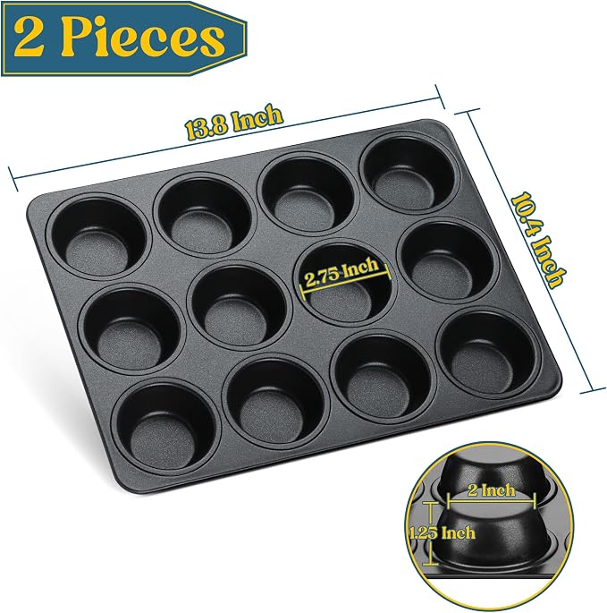 E-far Nonstick Muffin Pan 12 Cups Set of 2, Stainless Steel Muffin Tin Cupcake Pan Tray for Baking, Stainless Steel Core & Non Toxic, Easy Release & Easy Clean, Black - Image 2