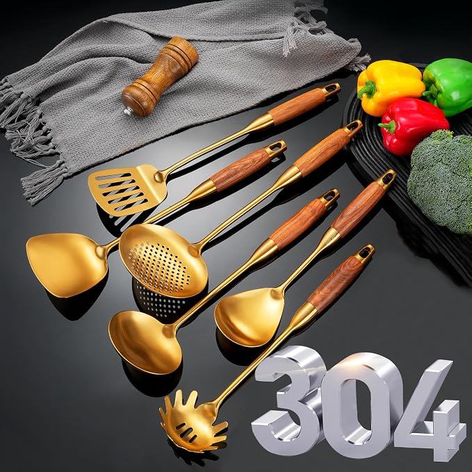 Gold Kitchen Utensils Stainless Steel with Wooden Handle 6 PCS | Food Grade 304,Anti-scald,12.5-14",Hanging Hole;Great Choice for Gifts - Image 6