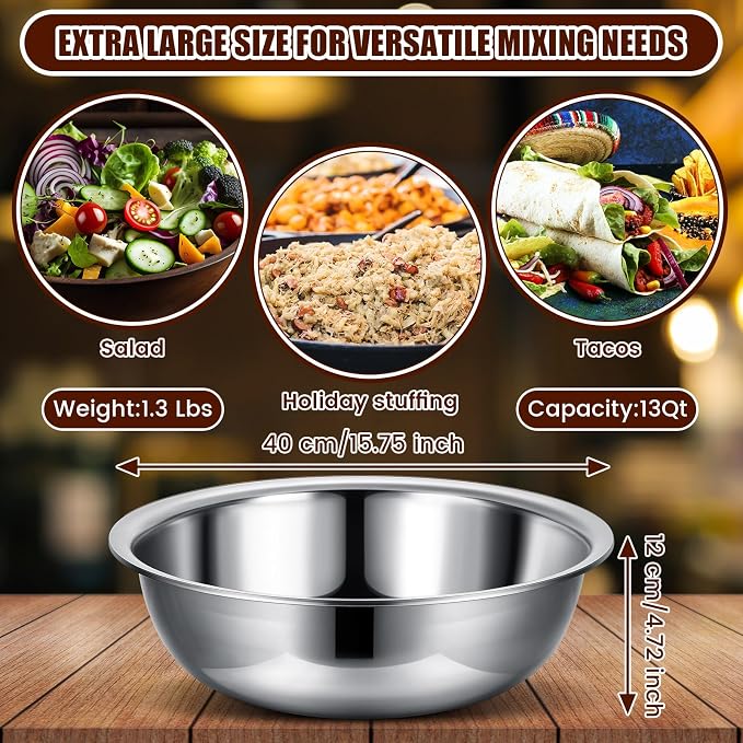 Nuogo 8 Pcs Stainless Steel Mixing Bowls Metal Mixing Bowls Extra Large Basin Salad Basin Deeper Edge Dishwasher Safe Mirror Finish for Home and Commercial, Silver (16 Inch 13 Qt) - Image 2