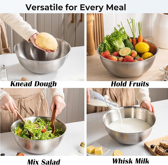 18/8 Stainless Steel Colander with Mixing Bowl, 3.5QT | 1 nesting mixing bowls with measurement marks and 1 fine 30-mesh strainers for rice,vegetables, pasta, baking, and food prep - Image 5