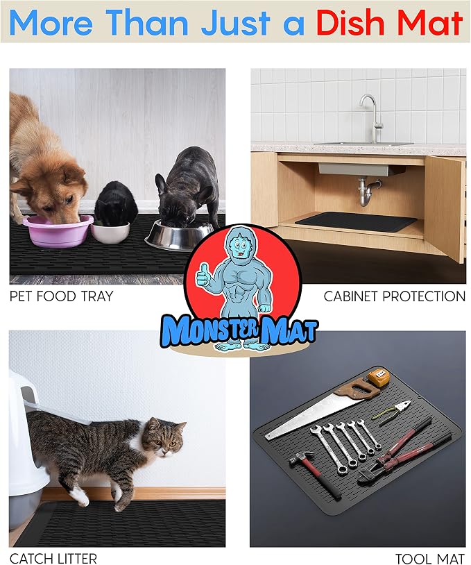 Extra Large (30 inch by 24 inch) heavy duty silicone dish drying mat for kitchen counters by MonsterMat (Black, XL - 30"x24") - Image 6