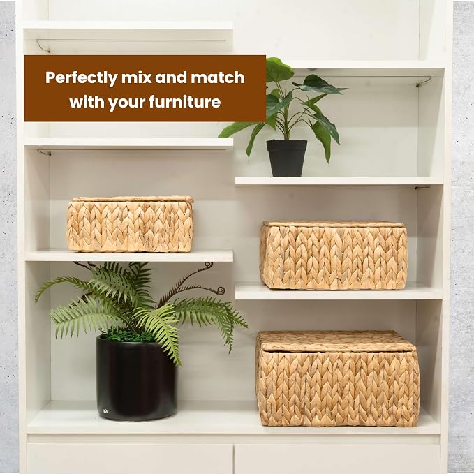 Wicker Storage Baskets with Lid, Set 3 Basket With Lid Decorative Storage Rectangle Wicker Storage Basket Large Rattan Storage Box Hyacinth Baskets - Image 4