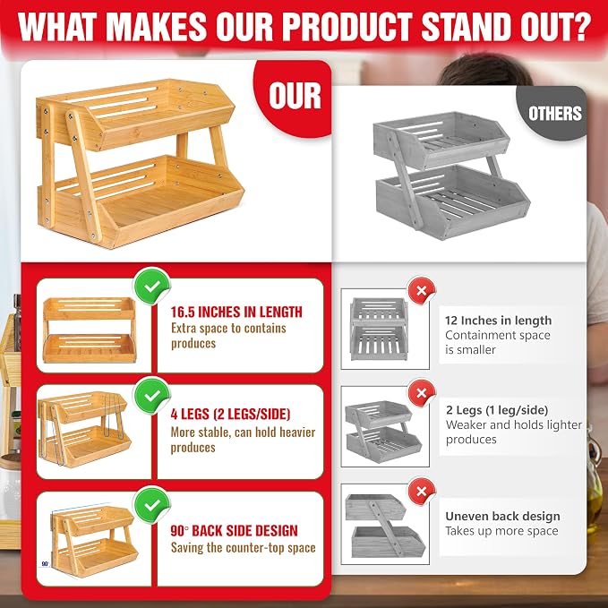 16.5" Fruit Stand Storage Holder 4 Sturdier Legs, 2-Tier Fruit Basket Bowl | Premium Produce Basket for Kitchen, Bamboo Fruit Bowl Holder for Fruit, Vegetables, Bread, Snacks, Countertop Organizer - Image 3