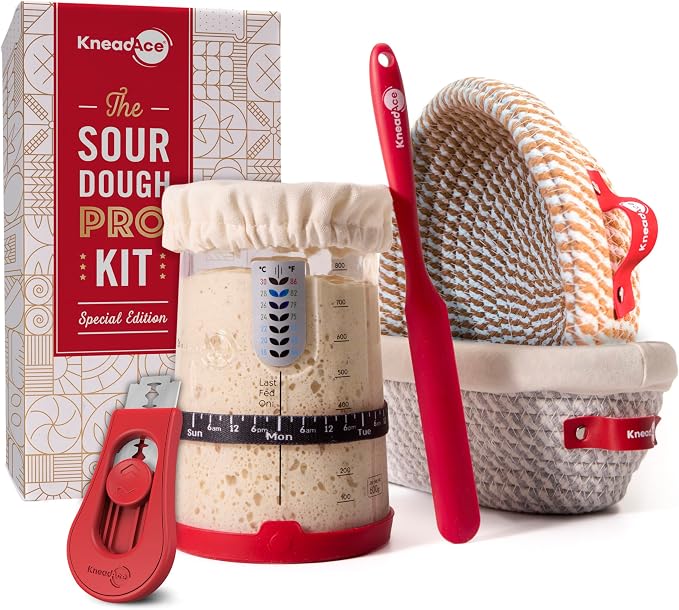 KneadAce Sourdough Starter Kit – 34oz Starter Jar, 2 Cotton Rope Banneton Proofing Baskets, Magnetic Bread Lame for Scoring – Gift for Bakers & Complete Sourdough Bread Baking Set by KneadAce-DesignedbyBakers