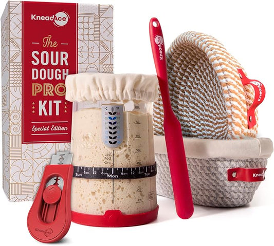 KneadAce Sourdough Starter Kit – 34oz Starter Jar, 2 Cotton Rope Banneton Proofing Baskets, Magnetic Bread Lame for Scoring – Gift for Bakers & Complete Sourdough Bread Baking Set by KneadAce-DesignedbyBakers
