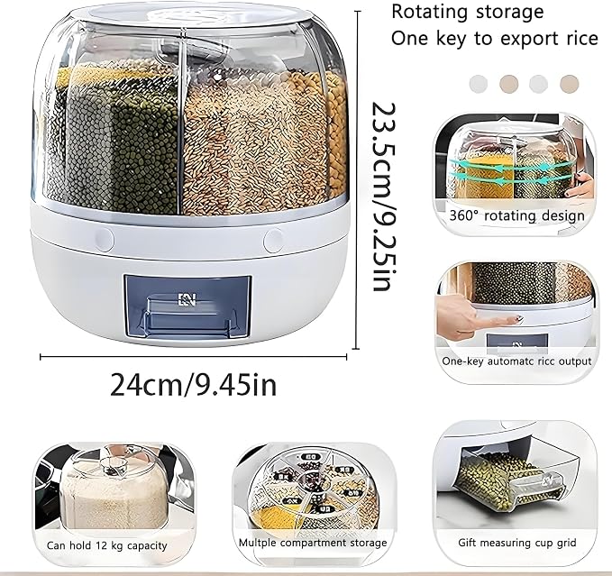 Rotating Grain Storage Bin 6 Grids Rice Container One-Click Output Large Capacity Food Dispenser For Rice Grains Sealed Moisture Proof Organizer (Grey) (Small) - Image 4