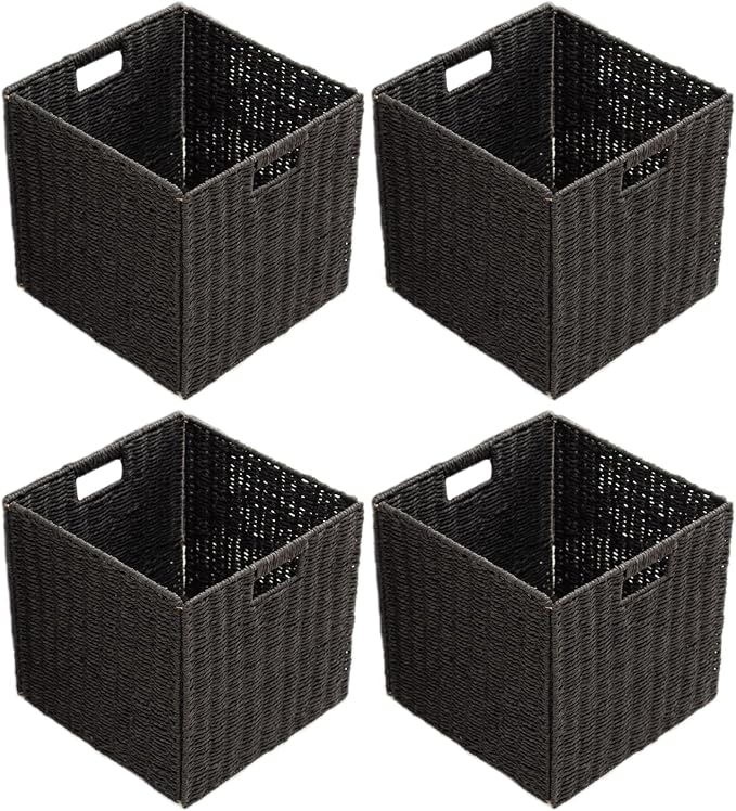 Handwoven Paper Woven Cube Basket Organizer with Handles set of 4 Foldable Storage baskets for Bedroom Living Room Cubby Storage Units for Clothes Books Toys (Black, 13" L x 13" W x 13" H) by HaoGZMZFCL