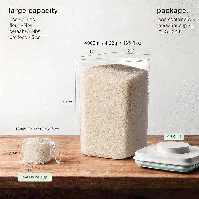 Pop Containers with Lids Stackable Food Storage Containers 4pcs | with 4pcs Measure Scoop Airtight Kitchen Pantry Organizers for Snack Candy Salt Herb Spices Pasta Cereal Flour Sugar BPA-Free - Image 2