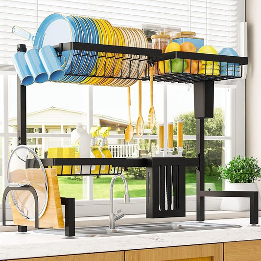 Sakugi Dish Drying Rack Over The Sink, Dish Drainer for Kitchen Counter | Stainless Steel Storage Organizer with Utensil Knife Holder & Hooks, Adjustable 11"D x 30.5"~34''W x 21.5" H, Black by Sakugi