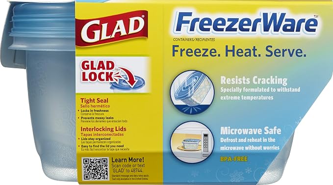 Glad Gladware Freezerware Food Storage Containers, Large Rectangle Holds 64 Ounces of Food, 2 Count Set | Tupperware, Plastic Food Container, Meal Prep Container, Plastic Containers with Lids - Image 2