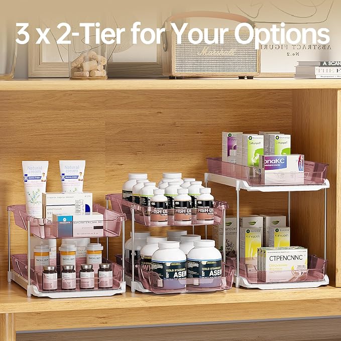 Delamu 2 Pack 3-Tier Bathroom Under Sink Organizers and Storage, Multi-Purpose Stackable Pantry Organization and Storage, Pull Out Clear Kitchen Bathroom Cabinet Organizer with Movable Dividers, Pink - Image 4