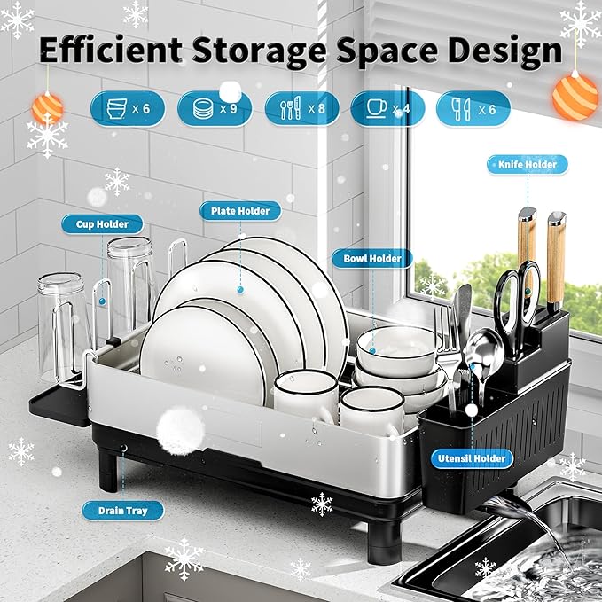 Dish Drying Rack, 304 Stainless Steel Dish Racks for Kitchen Counter | Dish Drainers with Automatic Drainage, Utensil Holder & Cups Holder, Space Saving Kitchen Organizer, Black - Image 5