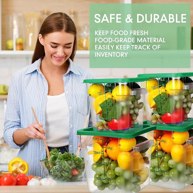 Lallisa 4 Pcs 8qt & 4qt Clear Food Storage Containers with Lids Handles and Scales, Stackable Plastic Square Food Storage Containers for Dough Proofing Baking Kitchen Restaurant(Green) - Image 4