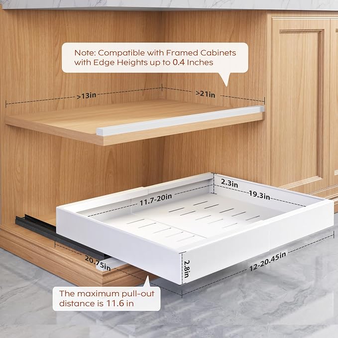 Seinloes 2 Pack Pull Out Cabinet Organizers 21"Deep with Raising Pad for Framed Cabinets,Expandable Slide Out Drawers Upgrade 3 Slide Rails,Roll Out Shelves Adhesive,Adjustable Width 12"-20.45" White - Image 2