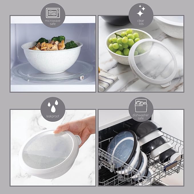 COOK WITH COLOR Mixing Bowls with TPR Lids - 12 Piece Plastic Nesting Bowls Set includes 6 Prep Bowls and 6 Lids, Microwave Safe Mixing Bowl Set (Black and White) - Image 6