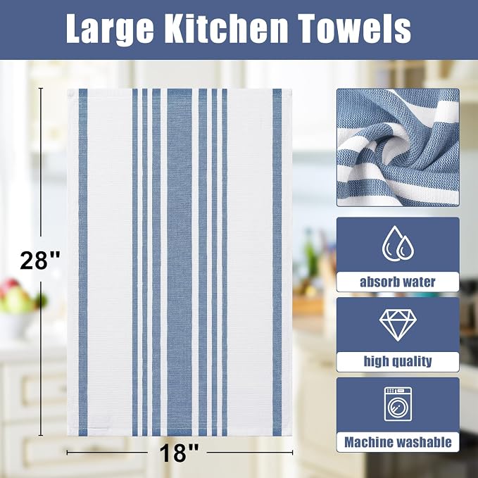 Homaxy Premium Cotton Stripe Kitchen Towels 3 Pack, 18"x 28", Navy Blue | Large 380 GSM Kitchen Hand Towels, Soft Terry Dish Towels, Highly Absorbent Tea Towel Set with Hanging Loop - Image 8