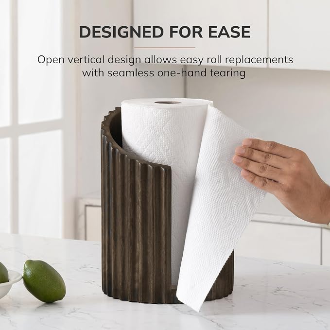 Anji Mountain Wooden Paper Towel Holder with Metal Holder, Holder Stand for Kitchen Roll Organizer & Kitchen Dining Table Home Décor, Countertop Fits Jumbo & Mega Rolls - Chocolate/Black, Fluted - Image 5