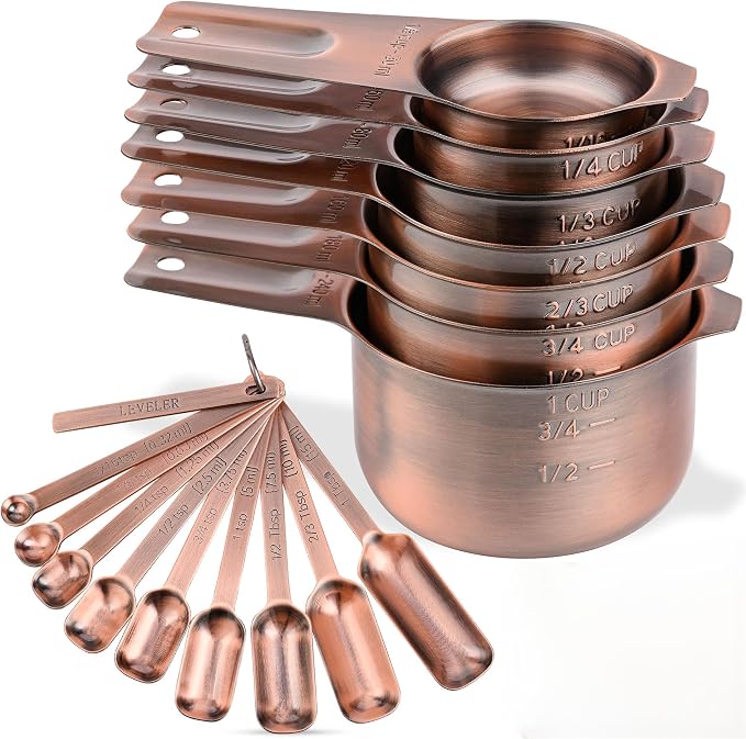 Copper Measuring Cups and Spoons Set 17, Stainless Steel 7 Measuring Cup and 9 Spoons for Dry & Liquid, Metric & US Metal Measuring Cups and Spoons Set &Leveler for Baking & Kitchen by Nstezrne