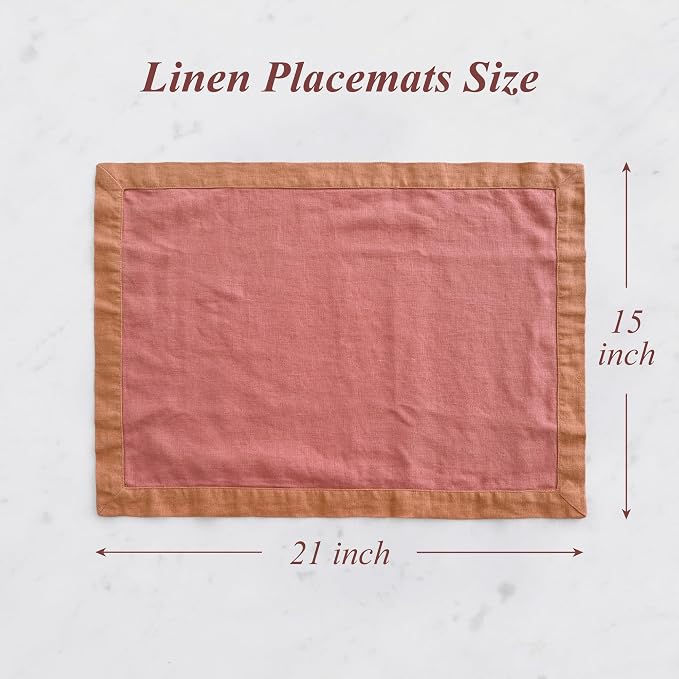 Linen World 100% French Linen Placemats Set of 4,21 x 15 Inch Double Layer Table Mats,Washable Heavyweight Placemats for Holiday Dining Kitchen Decor,Clay Red with Hazelnut Contrast Border - Image 3