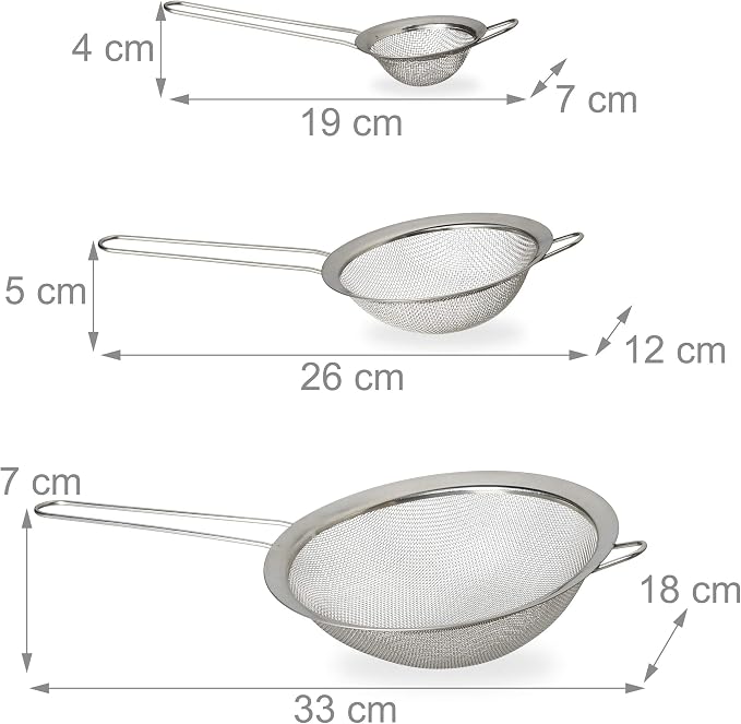 Relaxdays Kitchen Sieve Set of 3, Diameter 7, 12 and 18 cm, with Handle, Flour, Powdered Sugar, Fruits, Household Sieve, Stainless Steel, Silver - Image 4
