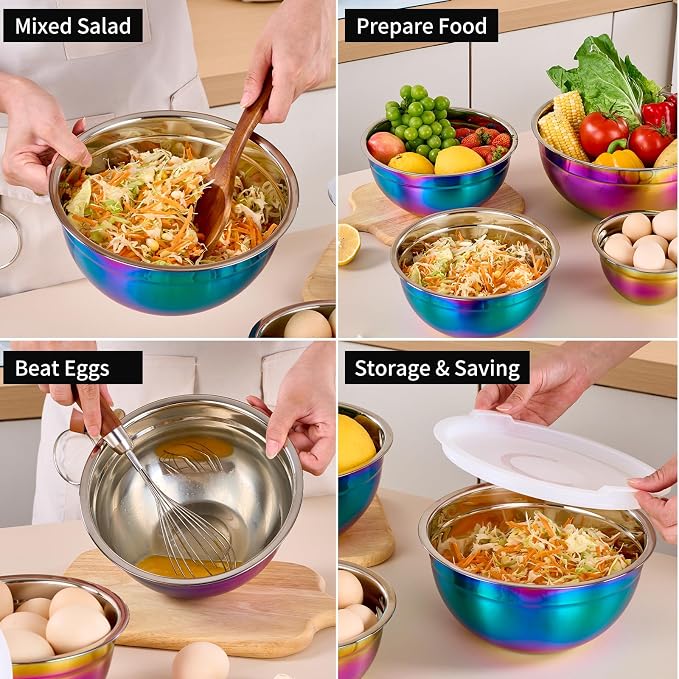 Rainbow Mixing Bowls with Lids Set of 7, Stainless Steel Nesting Bowl with Khaki Lid for Non-slip Mixing Prepping Storing Serving, 7 Sizes-7/3.6/2.7/2.1/1.5/1/0.8 QT - Image 6
