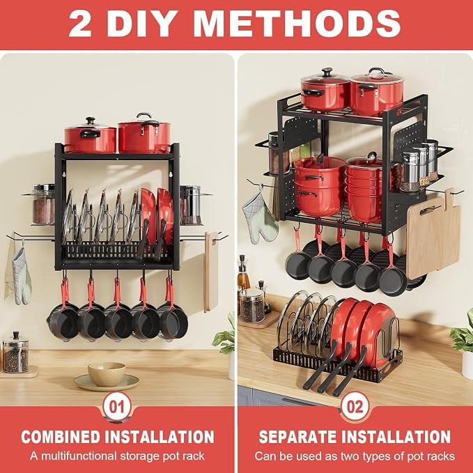 Wall Mounted 16" Pot Rack，2 Tier Kitchen Pots & Pan Organizer with 10 Hooks | Spice Rack & Pot Lid Holder, Heavy Duty Steel Pot and Pan Hanger for Kitchen Cookware Utensils Storage - Image 3