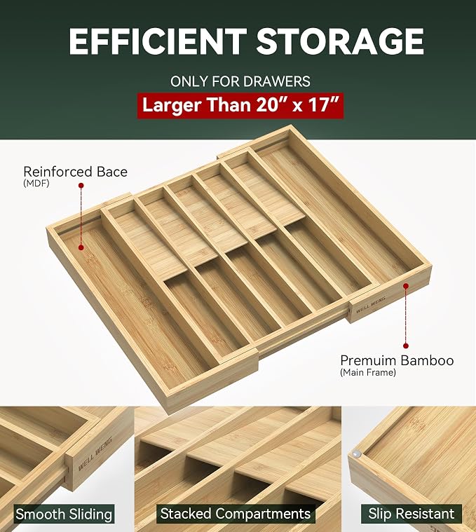 Expandable Silverware Drawer Organizer for Utensil,Bamboo 12 Slot | 13"-20"W x16.7"D x 1.97“H, Vertical Storage,Kitchen Cutlery Tray Dividers for Spoons Forks Knives - Image 4