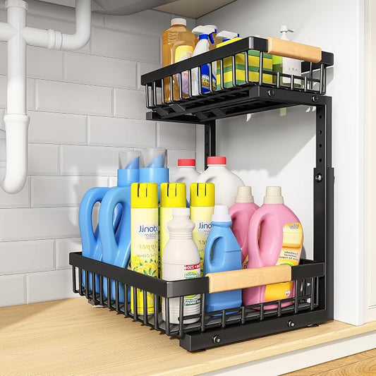 PXRACK Under Sink Organizer, Adjustable Height, 2 Tier Pull Out Under Cabinet Organizer, Slide Out Thickened Metal Under Sink Storage for Kitchen Bathroom Laundry Pantry Cabinet, Black, Small-1-Pack by PXRACK