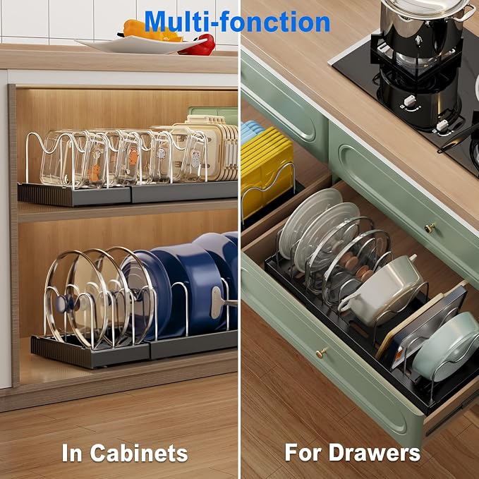 Mustorn Pots and Pans Organizer Under Cabinet, 22" Expandable Food Storage Container Lid Organizers with 9 Adjustable Dividers Pot and Pan Lid Holders Rack Inside Cabinet/Countertop(1 Pack, Black) - Image 3