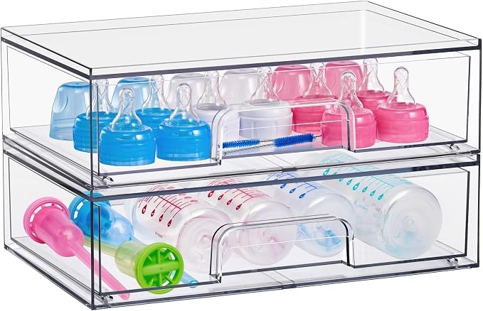 Sorbus Wide Stackable Acrylic Storage Drawers, 2 Pack Clear Plastic Organizer Bins for Baby Bottles, Makeup, Bathroom, Vanity & Countertop Organization, Pull-Out Drawer Design for Cabinets & Pantry by Sorbus