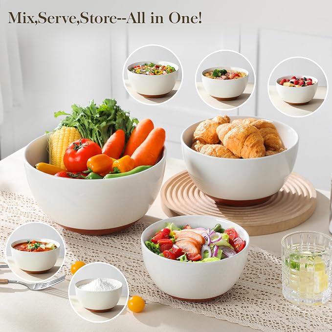 MALACASA Ceramic Mixing Bowls, Large Serving Bowls for Mixing, Cooking, Prepping, Baking, Salad, Soup, Pasta, Nesting Bowls Set of 3, 46/80/140 Oz, Oven, Microwave and Dishwasher Safe, Series TARA - Image 5