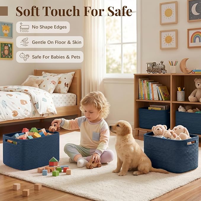 OIASKET 4Packs Natural Cotton Rope Storage Baskets for Organizing Toys, Clothes, Towels & Books, Soft Versatile Organizers for Shelves, Home Decorative Bins, 13''Lx9''Wx7.8''H, Blue - Image 4