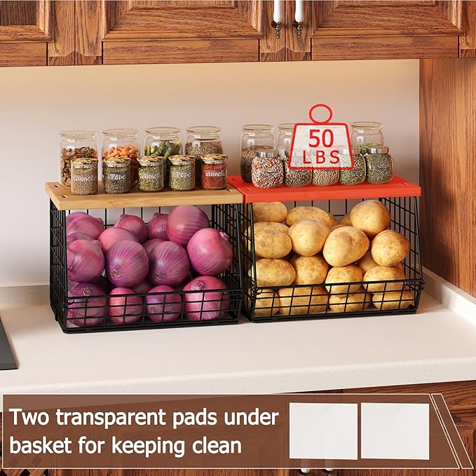2 Set Stackable Wire Basket with Wooden Tops & Pad for kitchen organizers and storage, XXL Kitchen Counter Organizer for Fruit, Vegetable, Bread, Potato and Onion Storage Bin - Image 2