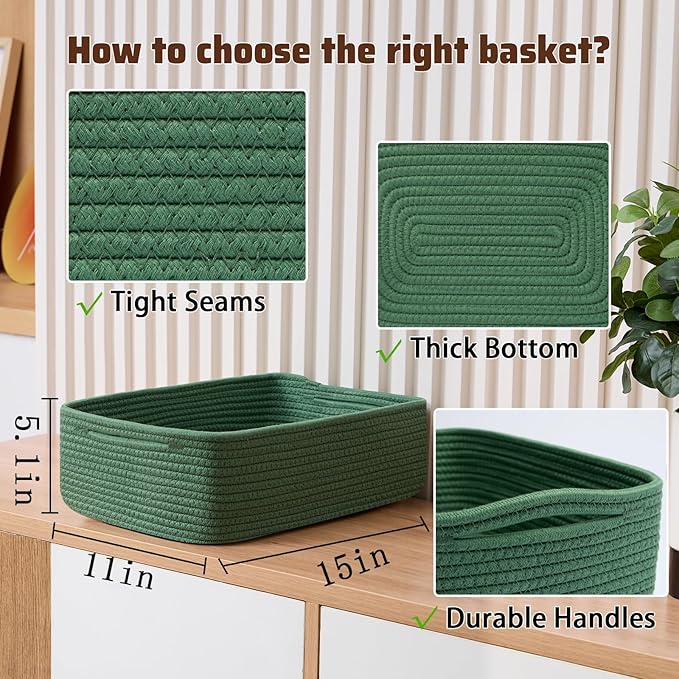 MiniArk Large Shallow Organizing Baskets 15x11x5.1 Inches - Rope Woven Storage Bins for Bathroom, Shelves, Cube Closet, Green 3 Packs - Image 2