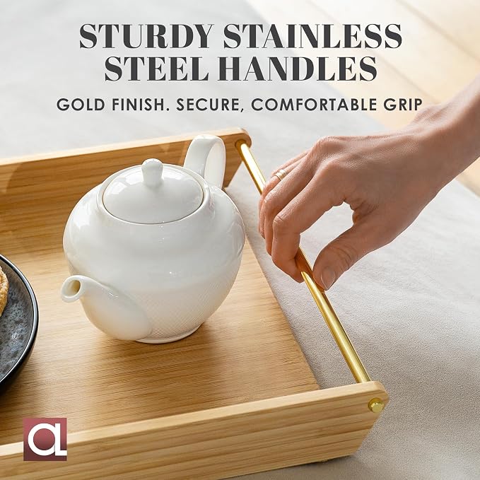 Bamboo Serving Tray with Removable Dividers & Gold Stainless Steel Handles, 16.5" x 11.2" Premium Snack Tray, Charcuterie Tray, Ottoman Tray, Coffee Table Tray for Living Room Decor - Image 7
