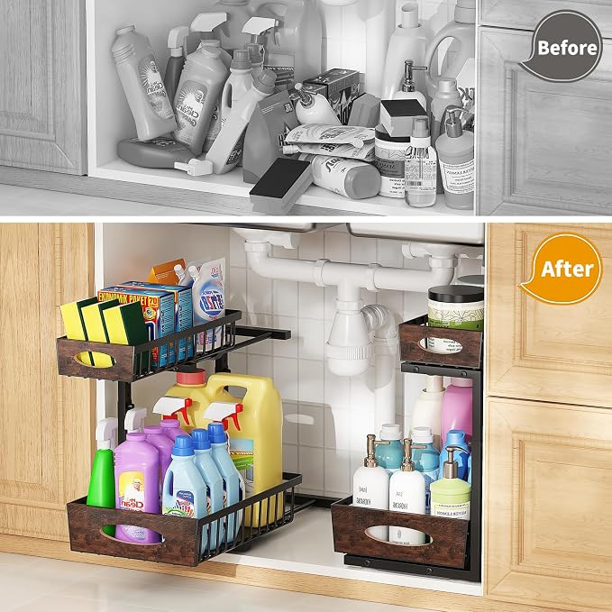 2-Tier Under Sink Organizer with Wooden Drawer Handle, 2 Pack Adjustable Height Pull Out Cabinet Organizer Shelf,Slide out Storage Drawer Rack for Kitchen Bathroom Laundry Room Pantry (Black) - Image 8