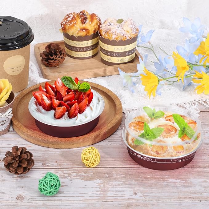 Beasea Disposable Mini Pie Tins with Lids, 100 Pack 4” 7.3oz 215ml Small Round Aluminum Baking Tart Foil Container for Individual Dessert Cupcake Cheesecake Ramekin Quiche Oven Dishes - Wine Red - Image 4