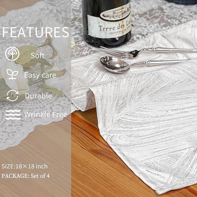 Off-White Cloth Napkins Set of 4, 18 x 18 Inch | Reusable Washable Cotton Polyester Dinner Napkins Soft Luxury Elegant Fancy Jacquard Fabric Table Napkins - Image 4