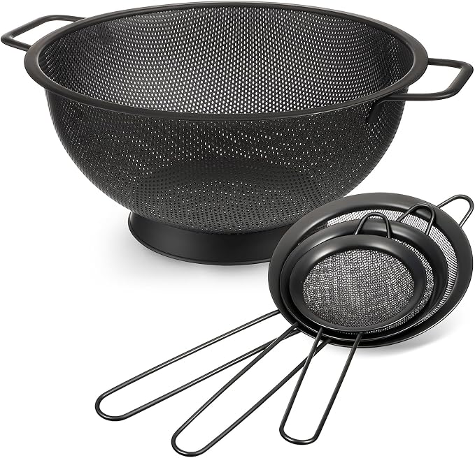 Norme 4 Quart Stainless Steel Black Colander and 3 Pcs Black Fine Mesh Strainer, Stainless Steel Pasta Rice Food Metal Strainer with Handles, Easy Clean and Dishwasher Safe by Norme