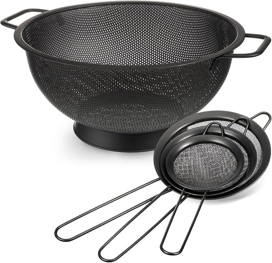 Norme 4 Quart Stainless Steel Black Colander and 3 Pcs Black Fine Mesh Strainer, Stainless Steel Pasta Rice Food Metal Strainer with Handles, Easy Clean and Dishwasher Safe by Norme