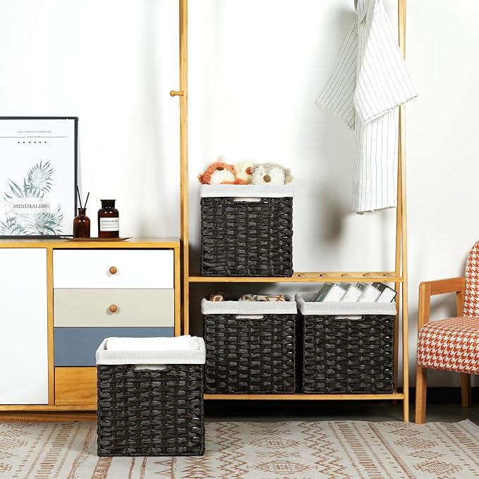 Bidtakay Black Wicker Cube Baskets 11 inch 4 Pack Waterproof Hand-Woven Storage Baskets for Organizing Pantry Bedroom - Image 4
