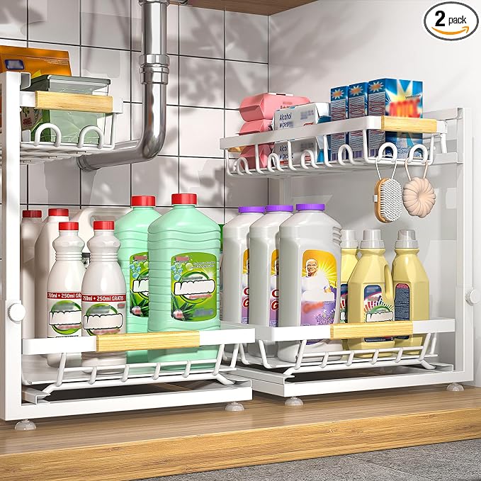 2-Pack 2-Tier Height Adjustable Under Sink Organizer & Storage | Multi-purpose storage for kitchen & bathroom cabinet. Extra Large white shelf, height adjustable design for space-saving. by Sevenblue