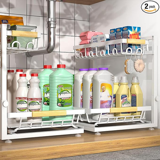 2-Pack 2-Tier Height Adjustable Under Sink Organizer & Storage | Multi-purpose storage for kitchen & bathroom cabinet. Extra Large white shelf, height adjustable design for space-saving. by Sevenblue