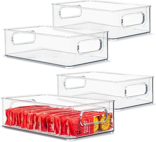Plastic Food Storage 4 Pack Clear Container Bin with Handles for Organizing Kitchen, Pantry, Refrigerator, Freezer, Pantry, Cabinet, Closet, Bathroom. Stackable 10”x6”x3” by primebox
