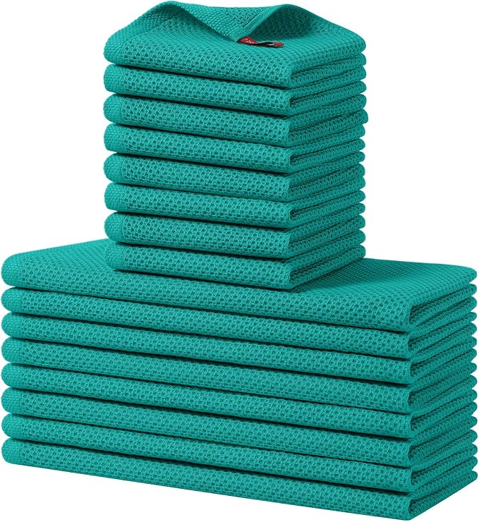 Homaxy 16 Pack 100% Cotton Kitchen Towels and Dishcloths Set, Teal | 12 x 12 Inches and 13 x 28 Inches Kitchen Towels Set, Ultra Soft Absorbent Dish Cloths for Washing Dishes by Homaxy