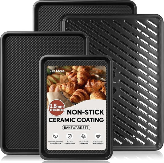 Nonstick Baking Sheet Set with Cooling Rack, 4-Piece Cookie Sheets for Baking, 0.8mm Heavy Duty Carbon Steel Oven Pans, Ceramic Coated Half Sheet, Jelly Roll Pan & Quarter Sheet, PFOA/PTFE Free by FireMore