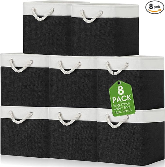 meekoo 8 Pack Collapsible Storage Bins Fabric Storage Bins Polyester Fabric Baskets with Handles Linen Closet Organizer for Shelf Home Closet Towels Toys(12 x 12 x 12 in,Black White) by meekoo